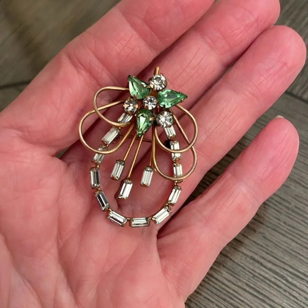 Vintage Ralph Scudieri D'ERI Signed 12K Gold Filled Crystal Brooch Clear & Green